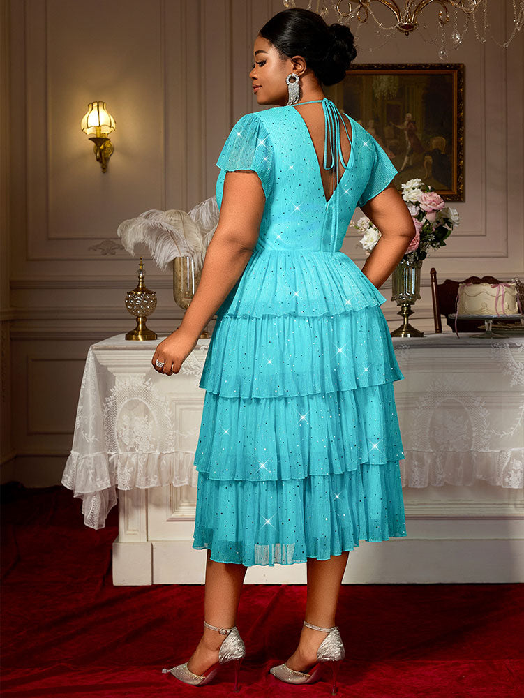 LakeBlue Shiny Sequins A Line Cake Dress V Neck High Waist