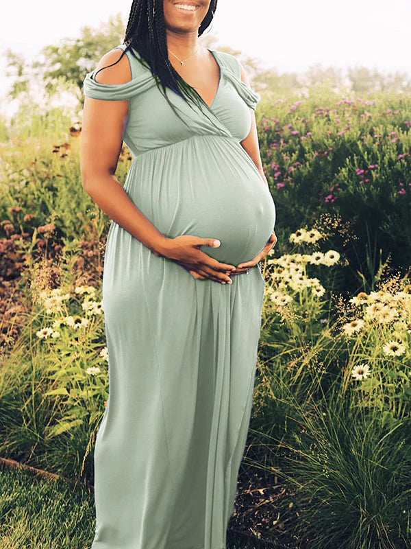 Solid Off Shoulder Slit Floor Length Flowy Photoshoot Maternity Maxi Dress