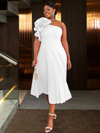 DRESS 3D Flower One Shoulder Pleated Summer Cocktail Dress