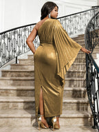 One Shoulder Dress Pleated Long Flare Sleeve Package Hip