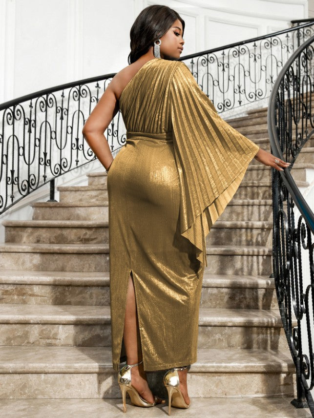 One Shoulder Dress Pleated Long Flare Sleeve Package Hip
