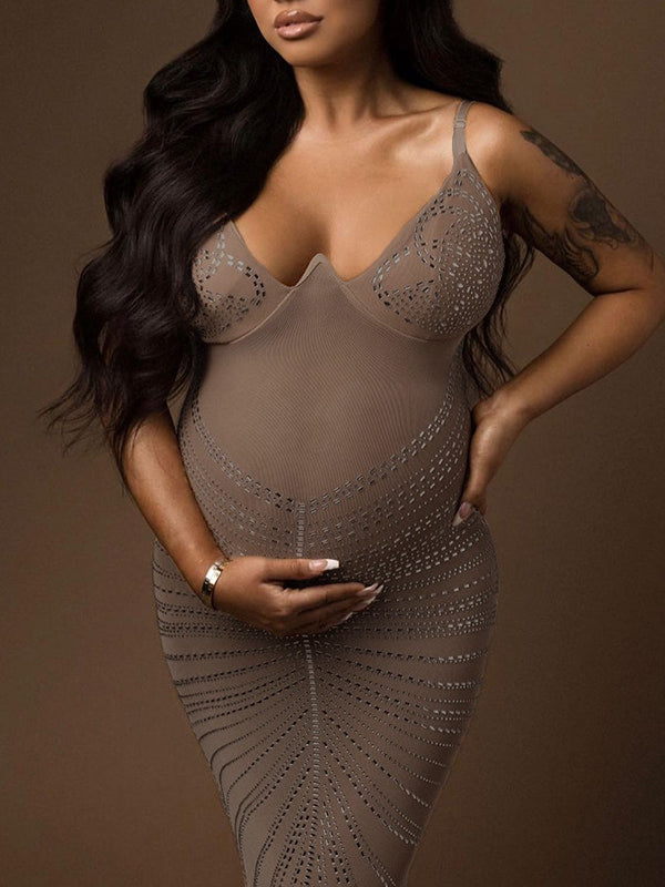 Khaki Mesh Rhinestone Spaghetti Strap Mermaid Cami Evening Gown Elegant Maternity Club Photoshoot Maxi Dress