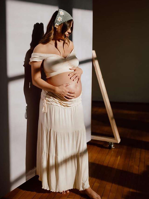 Ivory White Two Piece Set Off Shoulder Ruffle Falbala Bodycon Elegant Maternity Boho Photoshoot Baby Shower Maxi Dress