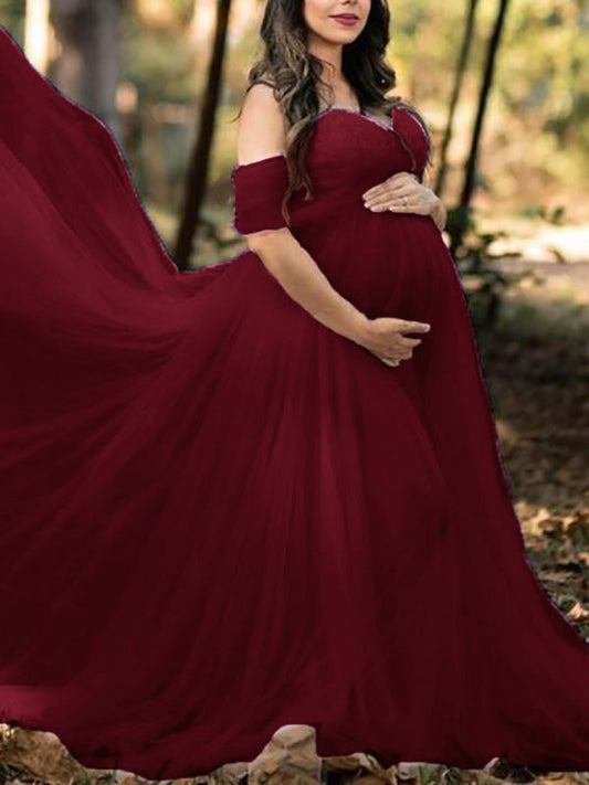 Grenadine Tulle Lace Off Shoulder Baby Shower Photoshoot Pregnant Maternity Maxi Dress