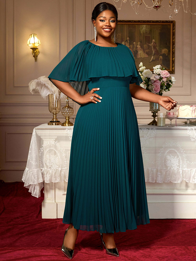 Elegant Maxi Pleated A Line Church Dresses Cape sleeves