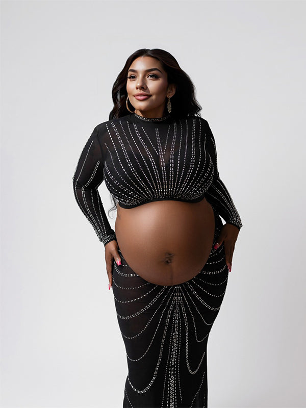Black Mesh Rhinestone High Neck Crop 2-in-1 Midriff Bodycon Long Sleeve Photoshoot Evening Plus Size Maternity Maxi Dress