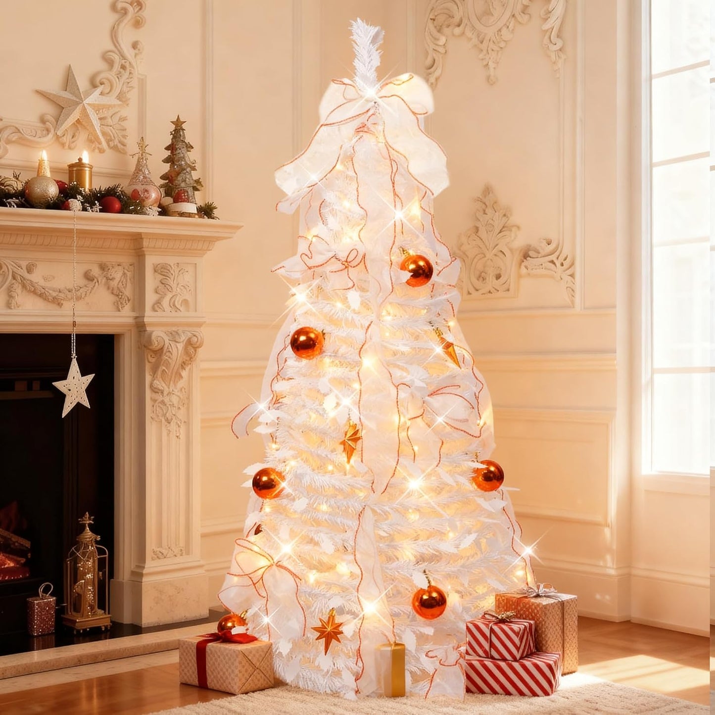 4FT Prelit Pop Up Christmas Tree, Pre-Decorated Collapsible Christmas Tree with 80 Warm White LED Lights, Foldable Artificial Tree for Easy Setup Holiday Decoration
