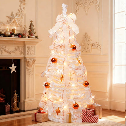 4FT Prelit Pop Up Christmas Tree, Pre-Decorated Collapsible Christmas Tree with 80 Warm White LED Lights, Foldable Artificial Tree for Easy Setup Holiday Decoration