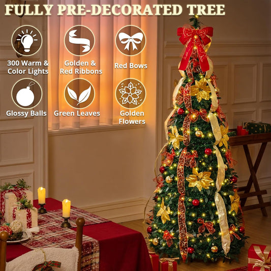 6ft Pre lit Pull-Up Christmas Tree  Collapsible Artificial Pencil Christmas Tree with 300 Warm & Colorful Lights, 11 Modes, Remote & Timer for Holiday Party Decor