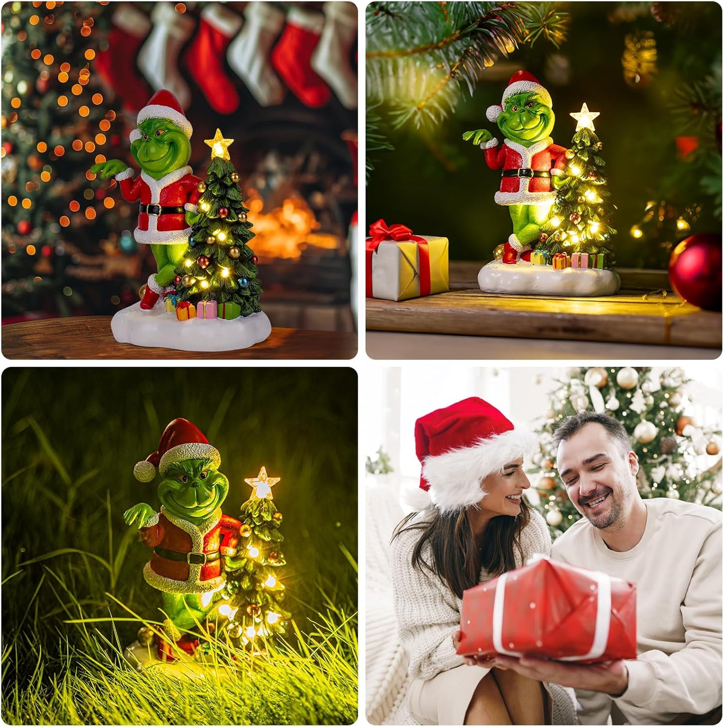 Solar Garden Outdoor Statues Green Monster with Christmas Tree and 6 LED Lights-Christmas Lawn Deco Statue for Patio, Balcony - Unique Christmas Housewarming Gifts