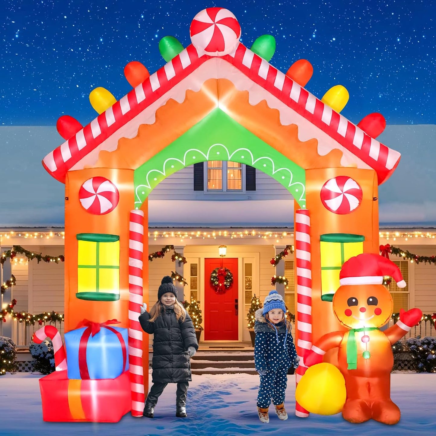 8 FT Christmas Inflatable Santa Claus with Candy and Big Gift Bag Outdoor Decor, Blow Up IP44 Weatherproof Xmas Decorations for Yard, Built-in LED Light for Gardern Lawn Indoor Winter Holiday