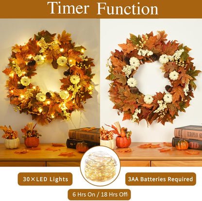 Waipfaru Fall Wreaths for Front Door - 20'' Autumn Wreath with Lights & Welcome Sign & Timer Function, Fall Leaf Reef Farmhouse Thanksgiving Decor for Outdoor Porch Patio