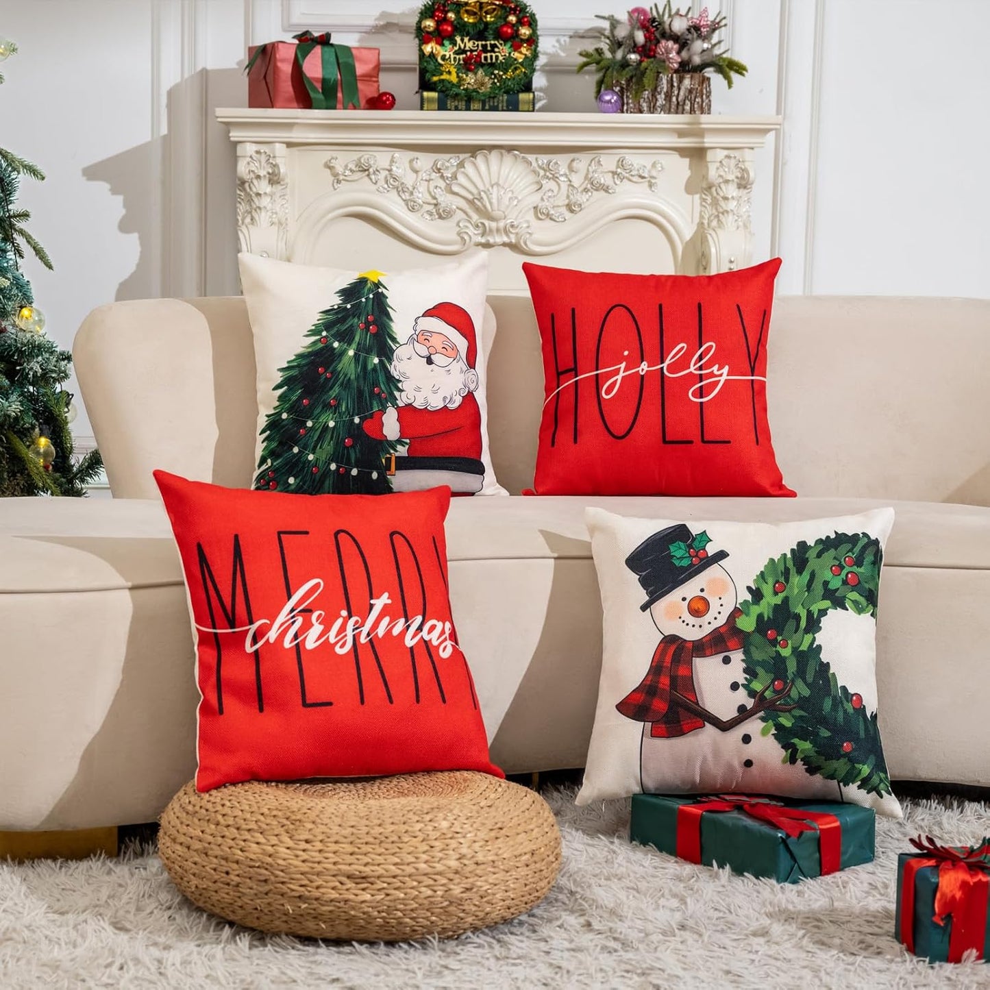 Ghost Halloween Decor-Throw Pillow Covers 18x18 in Set of 4,Spooky Gothic Linen Pillow Case for Couch Fall Christmas Holiday Outdoor Burnt Orange Black White Decorations