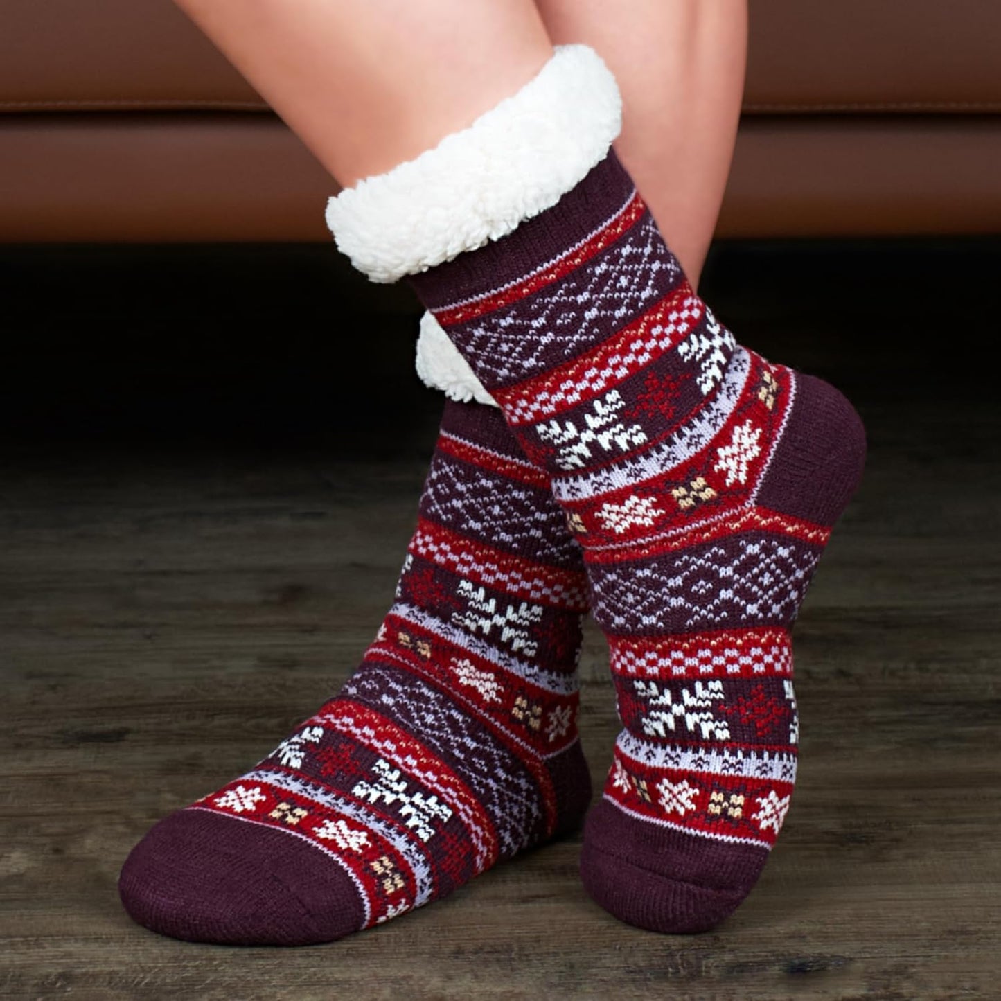 Women's Fuzzy Slipper Socks with Non-Slip Grippers, Cozy Fluffy Sherpa Lined, Cute Christmas Gifts