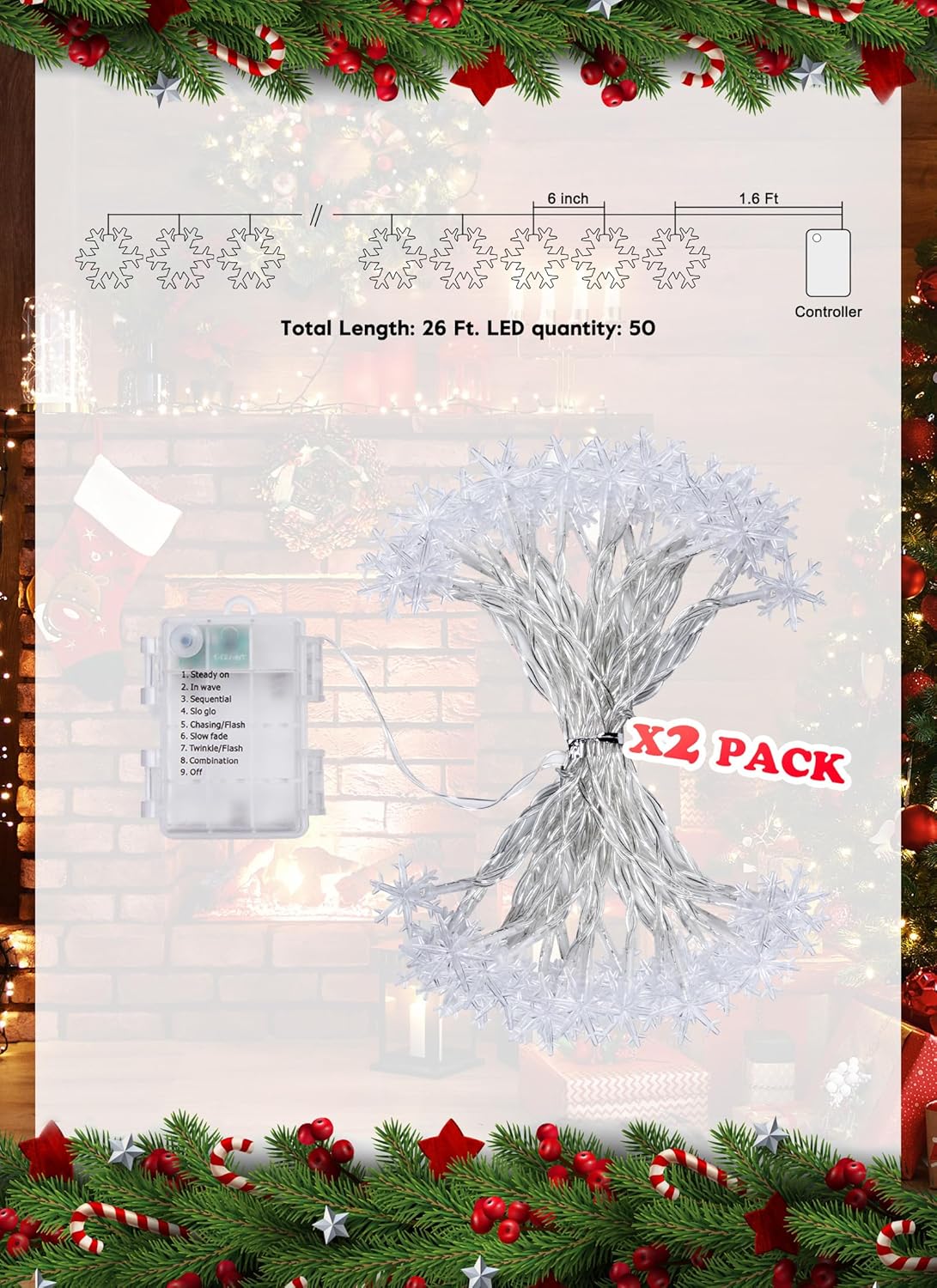 2 Pack Christmas Snowflakes Lights, 26 Ft 50 LED Snowflake String Lights Battery Operated, 8 Lighting Modes Waterproof Shatterproof Fairy Light for Bedroom Home Indoor Outdoor Xmas Christmas Decor