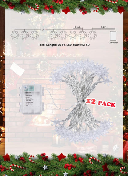 2 Pack Christmas Snowflakes Lights, 26 Ft 50 LED Snowflake String Lights Battery Operated, 8 Lighting Modes Waterproof Shatterproof Fairy Light for Bedroom Home Indoor Outdoor Xmas Christmas Decor