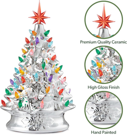 Hand Painted Ceramic Christmas Tree, Pink 15-Inch Pre-Lit Tree with 128 Multi Color Lights and 2 Star Toppers
