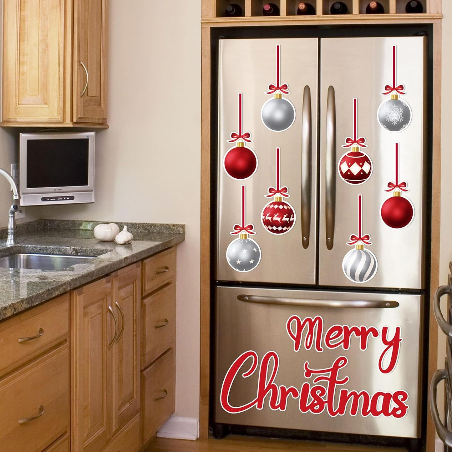 90shine 32PCS Christmas Garage Door Decorations Magnets - Merry Xmas Ball Holiday Refrigerator Fridge Kitchen Decor(Red, Silver)