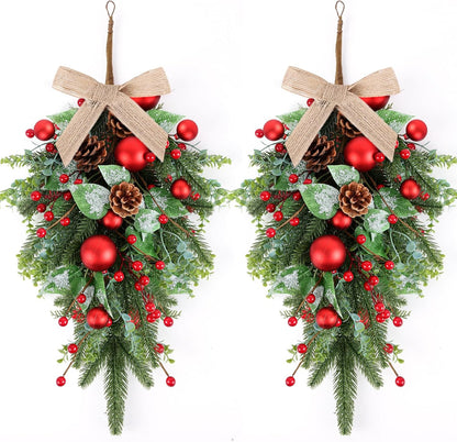 24" Christmas Wreaths for Front Door 2 PCS Christmas Teardrop Swag Winter Wreath with Red Ball Red Berry Pine Needles for Indoor Outdoor Farmhouse Home Wall Window Festival Wedding Decor