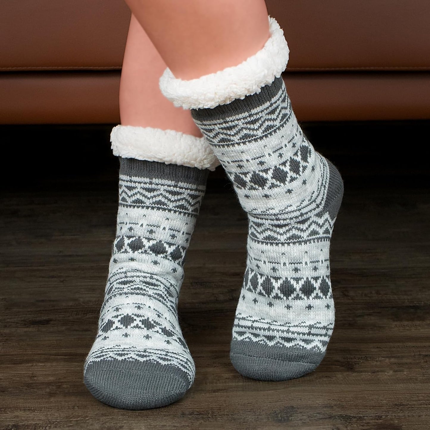 Women's Fuzzy Slipper Socks with Non-Slip Grippers, Cozy Fluffy Sherpa Lined, Cute Christmas Gifts