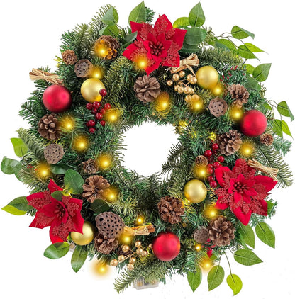 Pre-Lit 24 Inch Lighted Christmas Wreath for Front Door Champagne Gold Christmas Door Wreath Decor with Ball Ornaments, Poinsettia Flowers,Ribbon,Pine Cones,Battery Operated 30 LED Lights