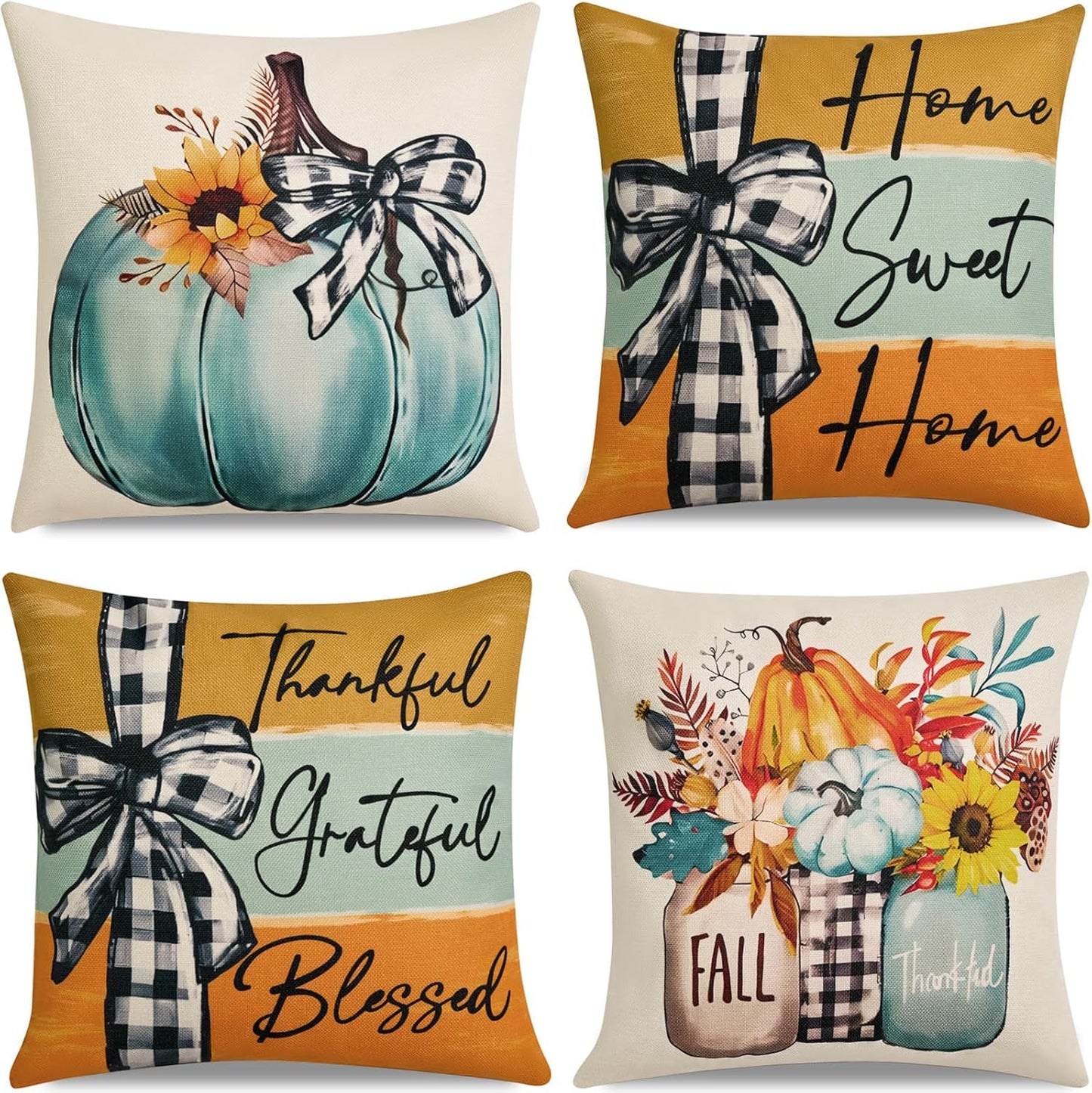 Ghost Halloween Decor-Throw Pillow Covers 18x18 in Set of 4,Spooky Gothic Linen Pillow Case for Couch Fall Christmas Holiday Outdoor Burnt Orange Black White Decorations