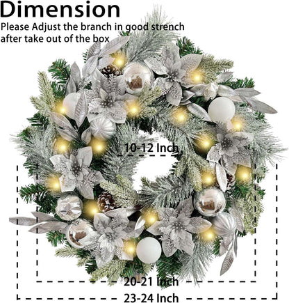 Pre-Lit 24 Inch Lighted Christmas Wreath for Front Door Champagne Gold Christmas Door Wreath Decor with Ball Ornaments, Poinsettia Flowers,Ribbon,Pine Cones,Battery Operated 30 LED Lights