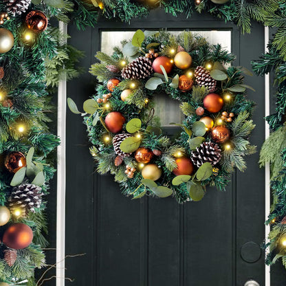 Pre-Lit 24 Inch Lighted Christmas Wreath for Front Door Champagne Gold Christmas Door Wreath Decor with Ball Ornaments, Poinsettia Flowers,Ribbon,Pine Cones,Battery Operated 30 LED Lights