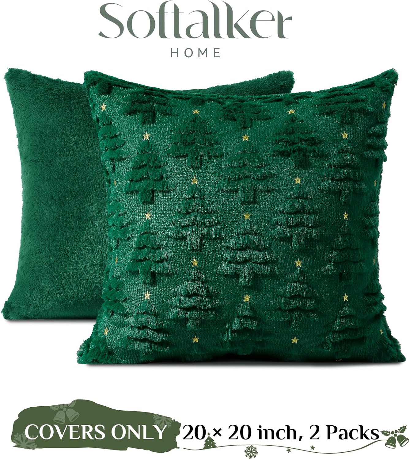 Christmas Throw Pillow Covers Xmas Winter Christmas Tree Faux Fur Cushion Covers, 3D Embroidered Pillow Cases