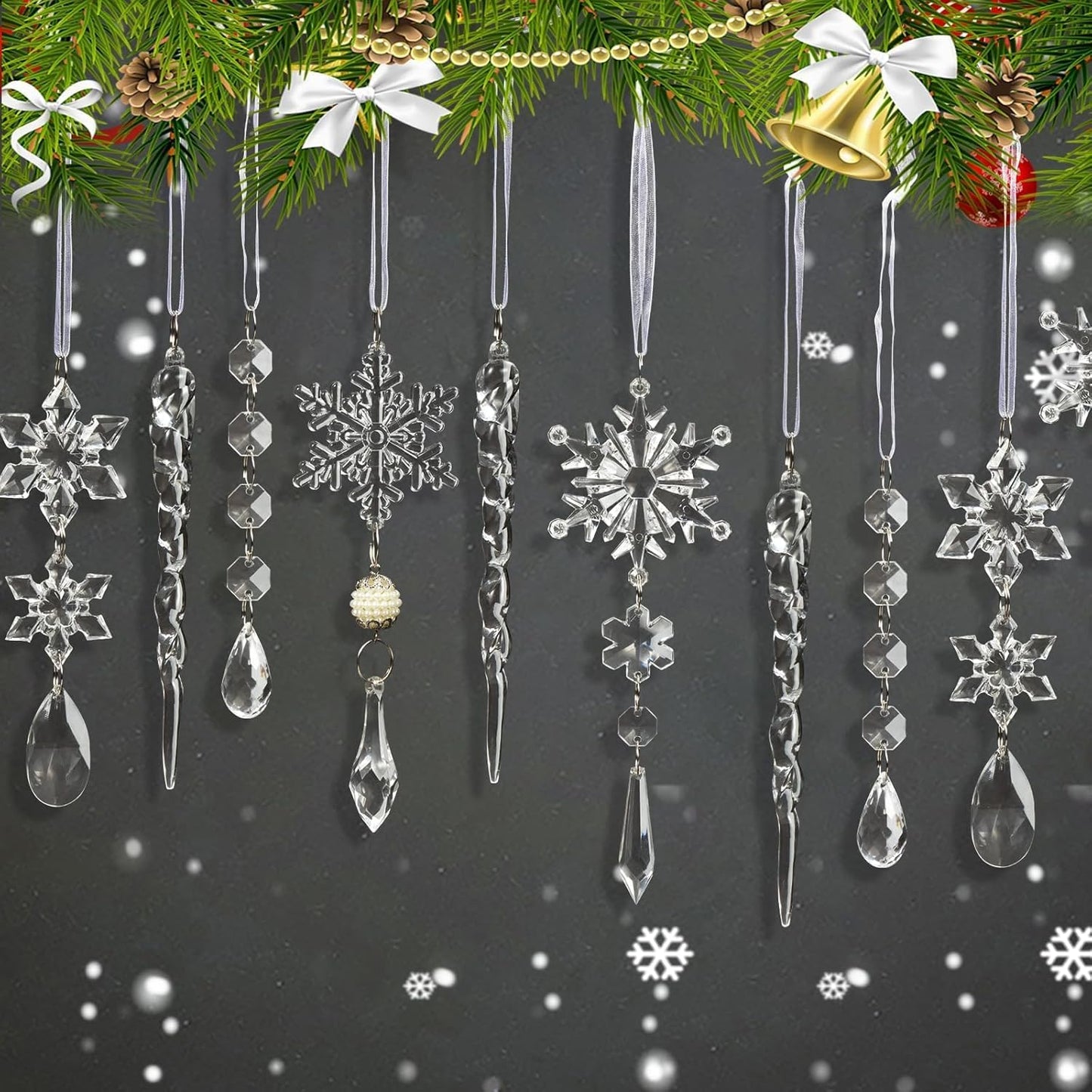 18pcs Christmas Tree Decoration Crystal Ornaments - Hanging Acrylic Christmas Snowflake Icicle Drop Crystal Ornaments for Xmas Tree Winter New Year Party Supplies