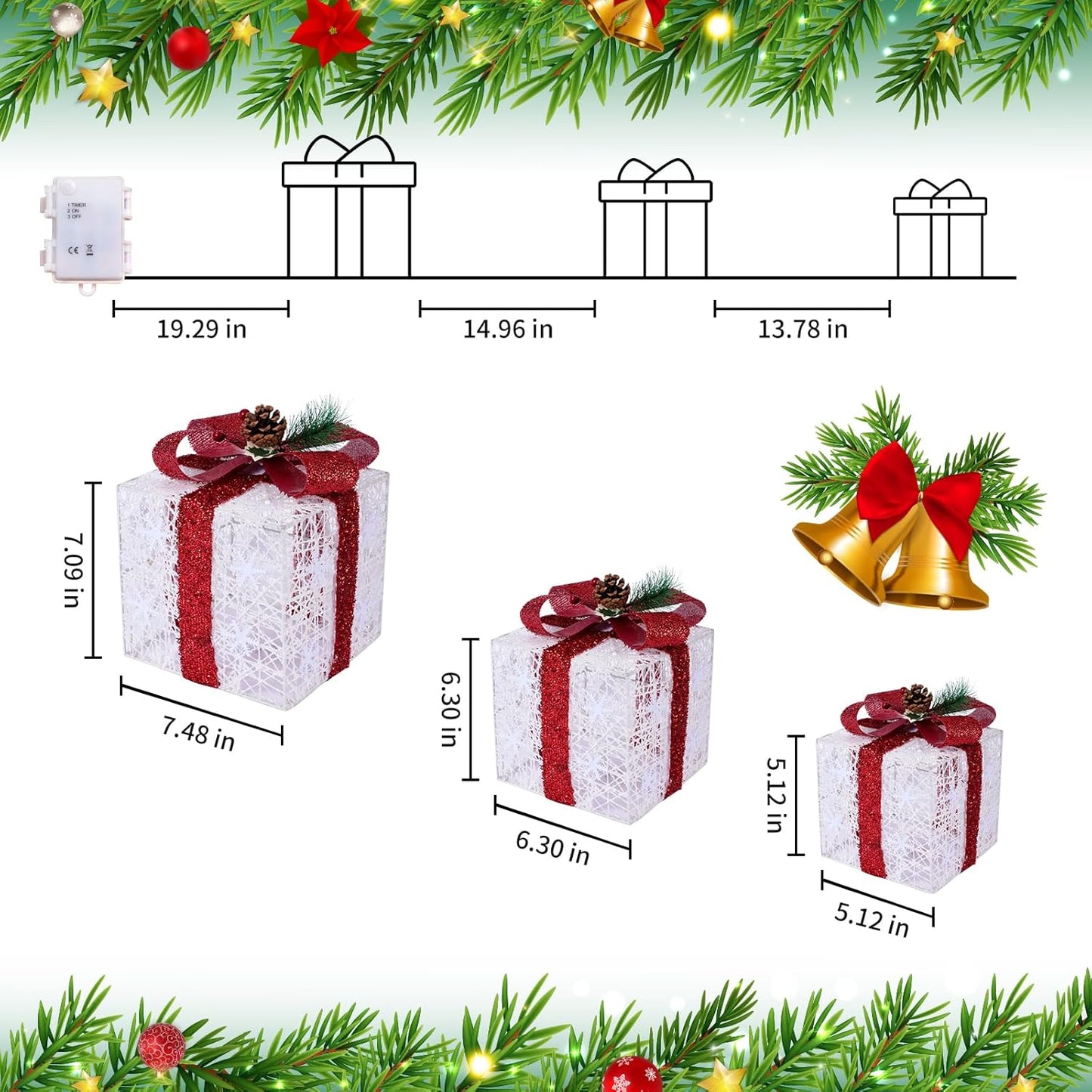 Christmas Decorations, Set of 3 Christmas Lighted Gift Boxes, Battery Operated Xmas Present Boxes, Warm White LED with Bows for Indoor Christmas Tree, Yard, Home Decor