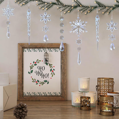 18pcs Christmas Tree Decoration Crystal Ornaments - Hanging Acrylic Christmas Snowflake Icicle Drop Crystal Ornaments for Xmas Tree Winter New Year Party Supplies