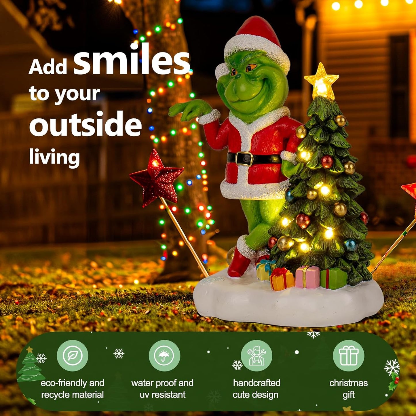 Solar Garden Outdoor Statues Green Monster with Christmas Tree and 6 LED Lights-Christmas Lawn Deco Statue for Patio, Balcony - Unique Christmas Housewarming Gifts