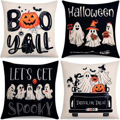 Ghost Halloween Decor-Throw Pillow Covers 18x18 in Set of 4,Spooky Gothic Linen Pillow Case for Couch Fall Christmas Holiday Outdoor Burnt Orange Black White Decorations