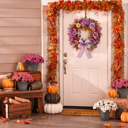 Fall Decor - 2025 Fall Wreaths for Front Door Outside with Blooming Silk Rose, Lifelike Fall Pumpkin Purple Berries & Bow, 18" Fall Door Wreath with Lights for Thanksgiving Door Wall Outside