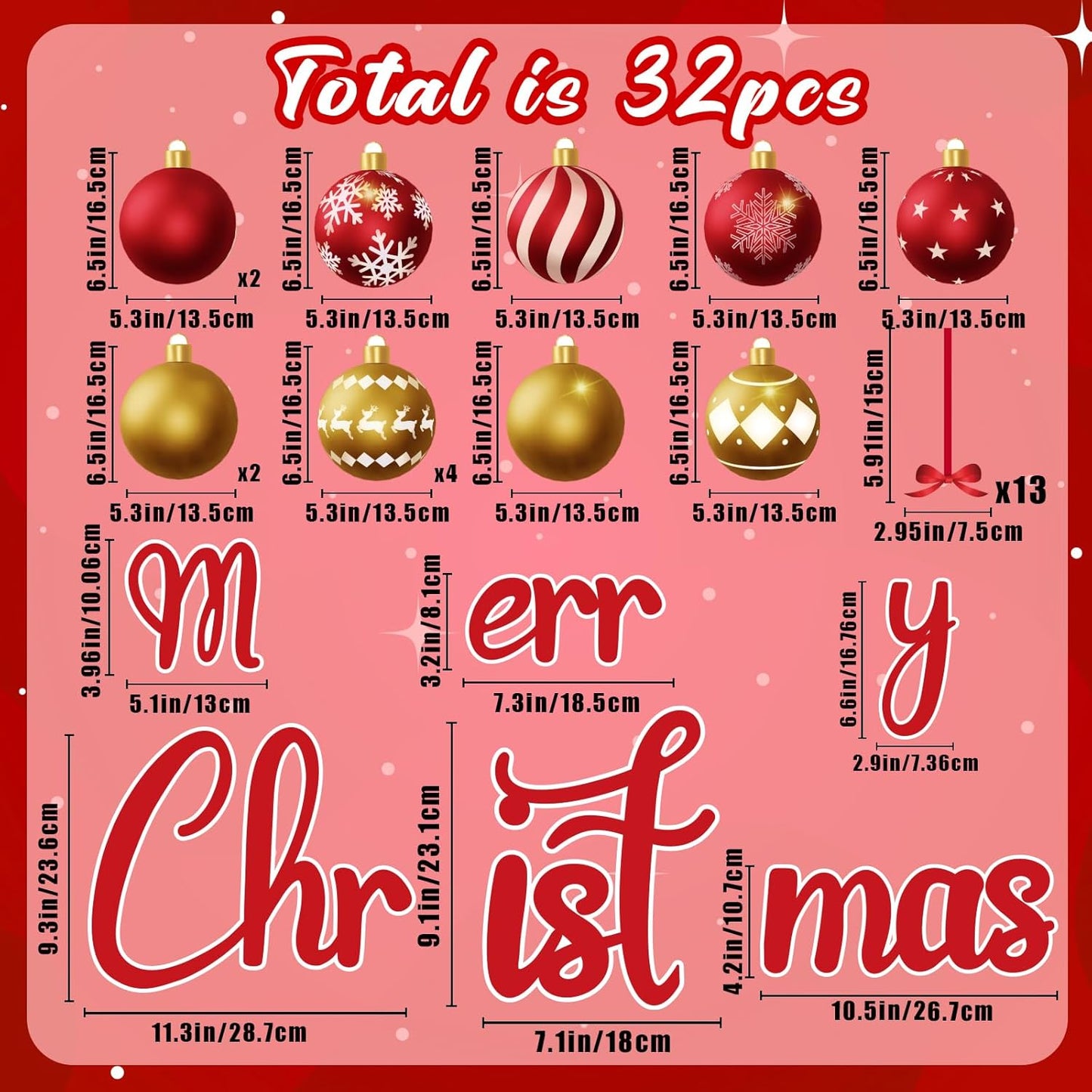 90shine 32PCS Christmas Garage Door Decorations Magnets - Merry Xmas Ball Holiday Refrigerator Fridge Kitchen Decor(Red, Silver)