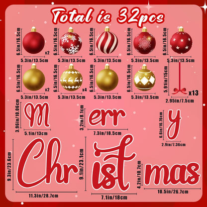 90shine 32PCS Christmas Garage Door Decorations Magnets - Merry Xmas Ball Holiday Refrigerator Fridge Kitchen Decor(Red, Silver)