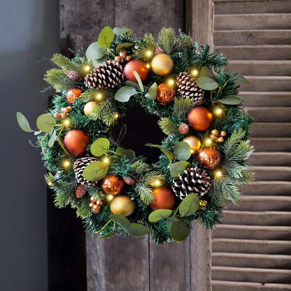 Pre-Lit 24 Inch Lighted Christmas Wreath for Front Door Champagne Gold Christmas Door Wreath Decor with Ball Ornaments, Poinsettia Flowers,Ribbon,Pine Cones,Battery Operated 30 LED Lights