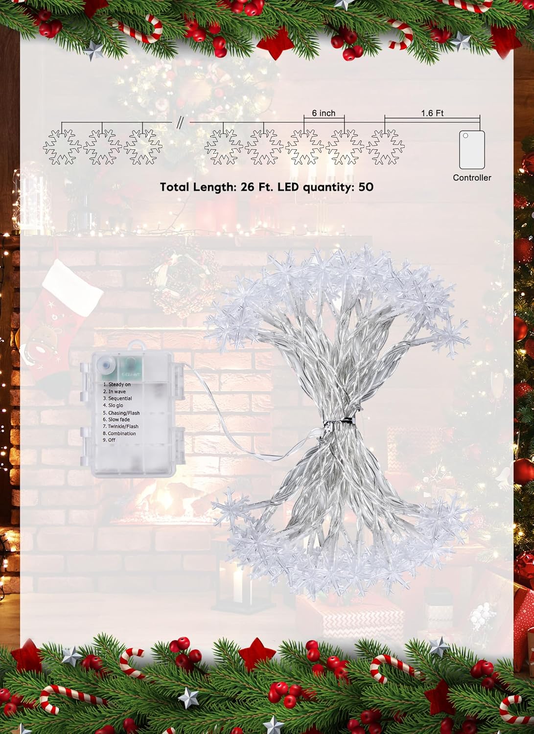 2 Pack Christmas Snowflakes Lights, 26 Ft 50 LED Snowflake String Lights Battery Operated, 8 Lighting Modes Waterproof Shatterproof Fairy Light for Bedroom Home Indoor Outdoor Xmas Christmas Decor
