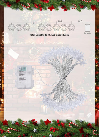 2 Pack Christmas Snowflakes Lights, 26 Ft 50 LED Snowflake String Lights Battery Operated, 8 Lighting Modes Waterproof Shatterproof Fairy Light for Bedroom Home Indoor Outdoor Xmas Christmas Decor