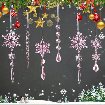 18pcs Christmas Tree Decoration Crystal Ornaments - Hanging Acrylic Christmas Snowflake Icicle Drop Crystal Ornaments for Xmas Tree Winter New Year Party Supplies
