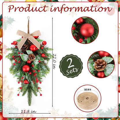 24" Christmas Wreaths for Front Door 2 PCS Christmas Teardrop Swag Winter Wreath with Red Ball Red Berry Pine Needles for Indoor Outdoor Farmhouse Home Wall Window Festival Wedding Decor