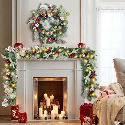 Pre-Lit 24 Inch Lighted Christmas Wreath for Front Door Champagne Gold Christmas Door Wreath Decor with Ball Ornaments, Poinsettia Flowers,Ribbon,Pine Cones,Battery Operated 30 LED Lights