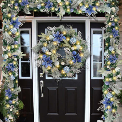Pre-Lit 24 Inch Lighted Christmas Wreath for Front Door Champagne Gold Christmas Door Wreath Decor with Ball Ornaments, Poinsettia Flowers,Ribbon,Pine Cones,Battery Operated 30 LED Lights