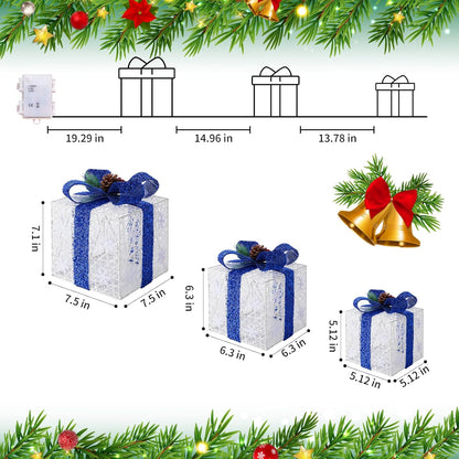 Christmas Decorations, Set of 3 Christmas Lighted Gift Boxes, Battery Operated Xmas Present Boxes, Warm White LED with Bows for Indoor Christmas Tree, Yard, Home Decor