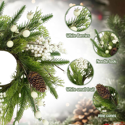24" Christmas Wreaths for Front Door 2 PCS Christmas Teardrop Swag Winter Wreath with Red Ball Red Berry Pine Needles for Indoor Outdoor Farmhouse Home Wall Window Festival Wedding Decor