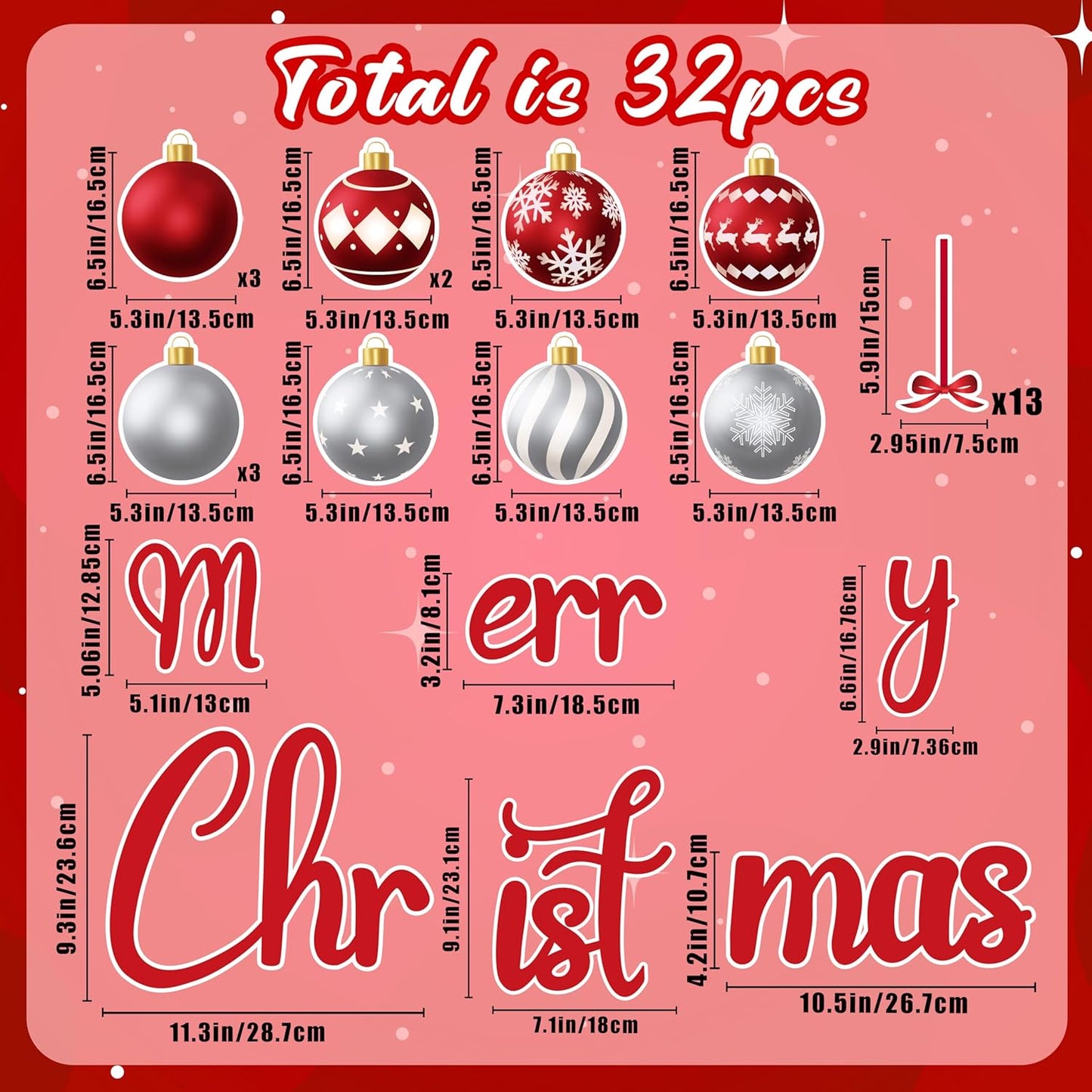 90shine 32PCS Christmas Garage Door Decorations Magnets - Merry Xmas Ball Holiday Refrigerator Fridge Kitchen Decor(Red, Silver)