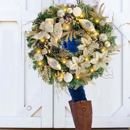 Pre-Lit 24 Inch Lighted Christmas Wreath for Front Door Champagne Gold Christmas Door Wreath Decor with Ball Ornaments, Poinsettia Flowers,Ribbon,Pine Cones,Battery Operated 30 LED Lights