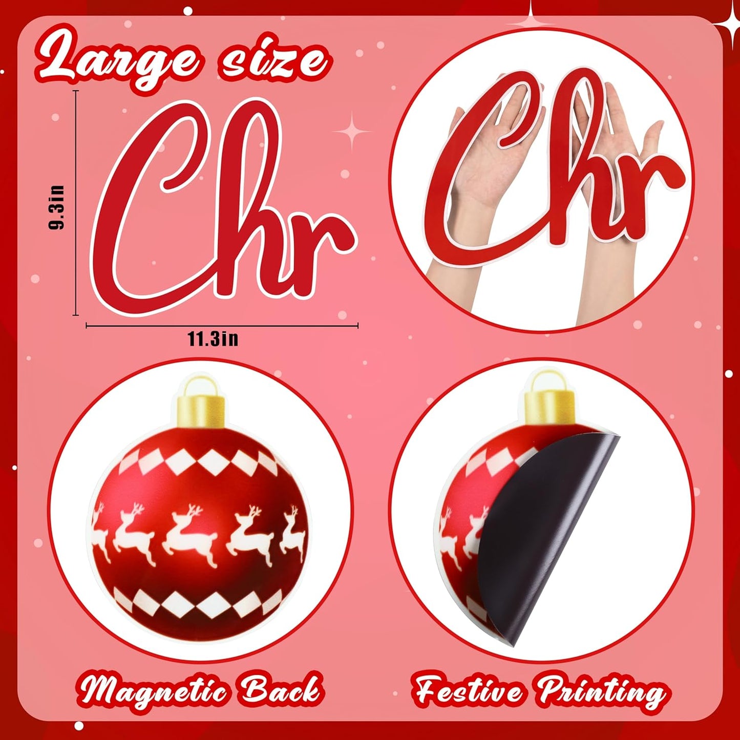 90shine 32PCS Christmas Garage Door Decorations Magnets - Merry Xmas Ball Holiday Refrigerator Fridge Kitchen Decor(Red, Silver)