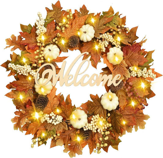 Waipfaru Fall Wreaths for Front Door - 20'' Autumn Wreath with Lights & Welcome Sign & Timer Function, Fall Leaf Reef Farmhouse Thanksgiving Decor for Outdoor Porch Patio
